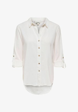 Wit damesblouse met knopen, lange mouwen, een kraag, opgerolde mouwen vastgezet met knoopsluitingen en een afgeronde zoom.