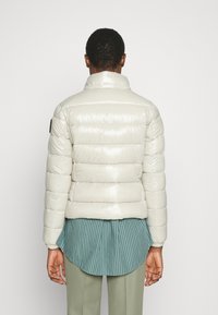 Mand iført en lys beige pufferjakke over en teal-stribet skjorte og olivenfarvede bukser, vendt væk fra en ensfarvet hvid baggrund.