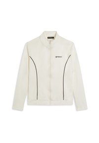 Chaqueta blanca con cierre de cremallera, fabricada con material suave y cuello alto, con detalles de ribete negro y un logo en el pecho izquierdo.