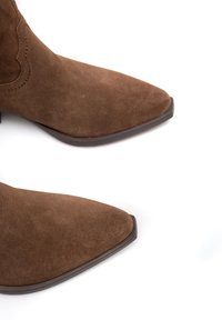 Brūni zamšādas potītes zābaki ar izteiktu purngalu, izliekta šuvju detaļām un zemu sakrautu papēdi ir redzami slīpā leņķī uz baltas fona.