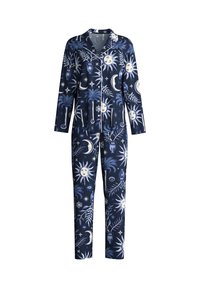 Navyblauw pyjama set met lange mouwen en broek, versierd met witte zon, maan en bladeren patronen. Glad materiaal met een ontspannen pasvorm.