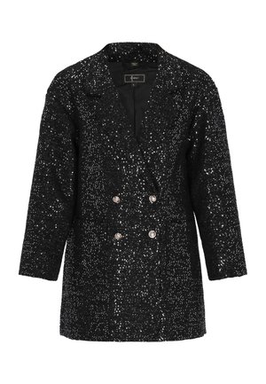 Blazer noir à sequins avec un design croisé, des revers crantés et des boutons argentés. La finition texturée ajoute un intérêt visuel.