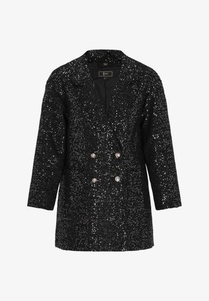 Blazer noir à sequins avec un design croisé, des revers crantés et des boutons argentés. La finition texturée ajoute un intérêt visuel.
