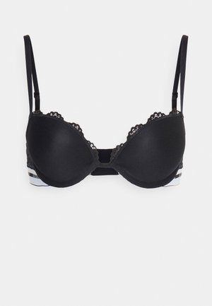 Sutiã acolchoado preto com renda nas bordas. Alças ajustáveis e fecho com gancho nas costas. A faixa apresenta um logotipo da marca em branco.
