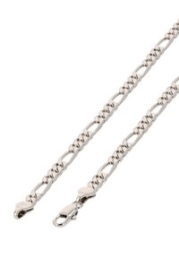 Stříbrný kovový řetízek s propletenými oválnými články a karabinovým zapínáním. Hladký povrch, leštěný lesk a jednotný design.
