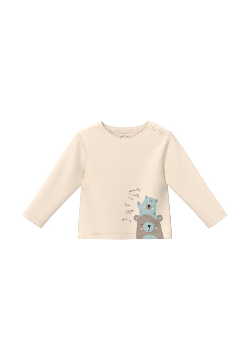 Hellbeige Langarmhemd mit Bärenmotiven in Blau und Braun, zwei Knöpfen auf der linken Schulter und Text neben dem Design.