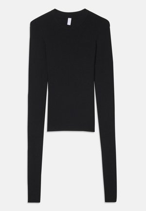 Top noir à manches longues en maille côtelée avec encolure ronde. Coupe ajustée et texture lisse. Aucun logo ou ornement visible.