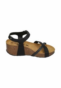 Black wedge sandal with a cork base, featuring wide crisscross straps and a back ankle strap with a button closure. Smooth textured footbed.