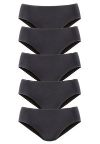 Vijf paar donkergrijze katoenen hipsteronderbroeken met een gladde textuur en een elastische tailleband, met een eenvoudig en naadloos ontwerp.