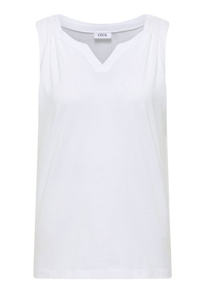 Haut blanc sans manches avec encolure en V et détail froncé aux épaules, confectionné en tissu léger.