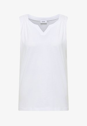 Haut blanc sans manches avec encolure en V et détail froncé aux épaules, confectionné en tissu léger.