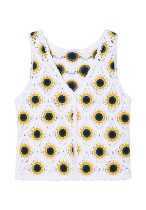 Weißes Häkelweste mit gelben und marineblauen kreisförmigen Blumenmustern, ärmellos, mit V-Ausschnitt und Knopfverschluss vorne.