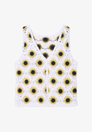 Weißes Häkelweste mit gelben und marineblauen kreisförmigen Blumenmustern, ärmellos, mit V-Ausschnitt und Knopfverschluss vorne.