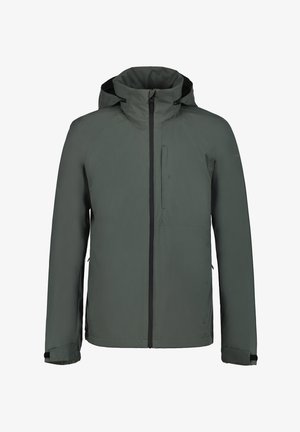 Vandtæt grøn jakke med hætte, fuld frontlynlås, sidelommer og lynlåslomme på brystet; glat overflade og minimalistisk design.