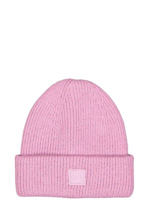 Rosa gestrickte Mütze mit geripptem Muster und umgeschlagenem Saum. Verfügt über ein kleines quadratisches Etikett auf der Vorderseite mit einem hellrosa Akzent.