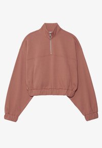 Felpa zip-up tagliata in rosa polveroso, realizzata in tessuto morbido. Presenta un colletto alto, polsini elasticizzati e una tasca frontale.