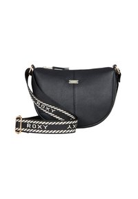 Czarna, teksturowana torebka typu crossbody w kształcie półksiężyca z zamkiem błyskawicznym i regulowanym czarno-białym paskiem z napisem "ROXY" napisanym dużymi literami.