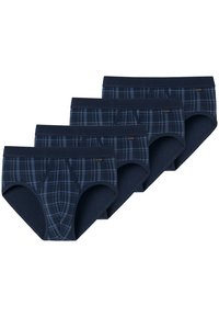 Marineblaue karierten Baumwollslips mit einem bequemen Bund und einem klassischen Schnitt. Set aus vier Stück, die abwechselnd Muster zeigen.