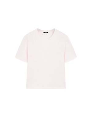 Lichtroze T-shirt met korte mouwen en een ronde hals, gemaakt van zacht katoen. Eenvoudig ontwerp, zonder patronen of versieringen.