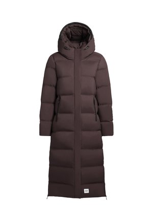 Brown long puffer coat with a hood, featuring a quilted design, two zippered pockets, and a logo patch at the hem. Smooth texture.