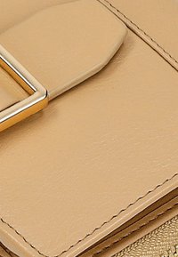 Portafoglio in pelle beige con patta rettangolare e accessori in metallo dorato. Texture liscia con cuciture minime e un accento metallico.