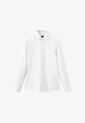Vit långärmad skjorta i mjukt tyg, med knäppning fram, spetsig krage och rak fåll, utan mönster eller detaljer.