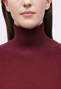 Bordowy sweter z wysokim kołnierzem wykonany z dzianiny, z prążkowaną fakturą przy kołnierzu i ramionach, o miękkim, gładkim wykończeniu.