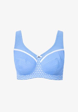Soutien-gorge bleu clair à motifs à pois, avec des accents blancs le long des bords supérieurs et un nœud décoratif central. Tissu doux et design structuré.