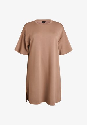 Pruun hõlgav t-särk kleit, mis on valmistatud pehmest kangast, lühikeste varrukatega, ümmarguse kaelusega ja küljejoontega liikumisvabaduse tagamiseks.