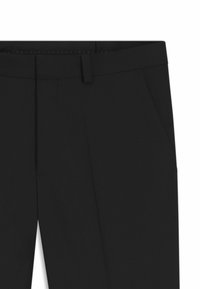 Black trousers with a smooth texture, featuring a flat front, side pockets, and a tailored fit. The waistband is designed for a clean look.