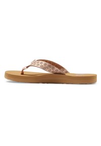 Rosa guldfärgade flip-flops med perforerade remmar och en texturerad brun sula. Designen inkluderar en något upphöjd fotsäng för komfort.