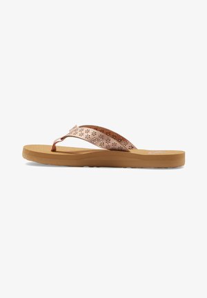Rose gold flip-flops with perforated straps and a textured brown sole. The design includes a slightly elevated footbed for comfort.