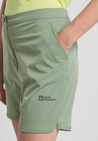Pantaloni corti verde chiaro realizzati in tessuto morbido, con tasche laterali e un logo sulla parte bassa della gamba. Il design è aderente e sagomato.