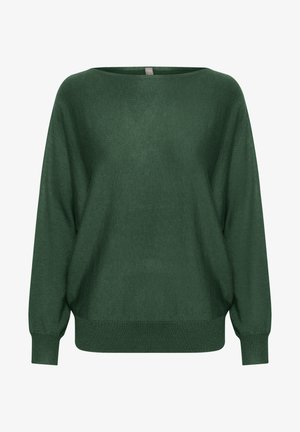 Zielony, oversize'owy sweter wykonany z miękkiego materiału. Posiada szeroki, okrągły dekolt oraz ściągacze na mankietach i dolnym brzegu. Gładka tekstura z minimalnymi wzorami.