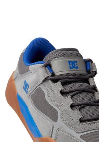 Grijze suède en mesh sneaker met blauwe accenten, voorzien van een rubberen zool en het DC-logo op de tong. Vetersluiting met gestructureerde details.