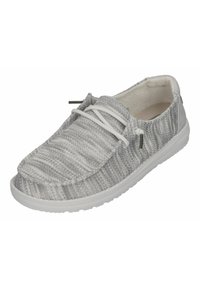 Scarpa in tessuto grigio intrecciato con lacci bianchi e suola bianca, caratterizzata da un motivo testurizzato e design senza lacci per facilitare l'indossamento.