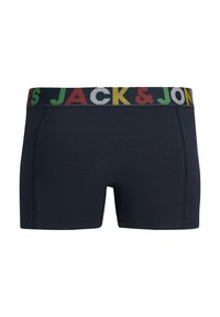 Boxers oscuros de color azul con una cinturilla elástica colorida que presenta el texto "JACK & JONES" en rojo, verde, amarillo y blanco.
