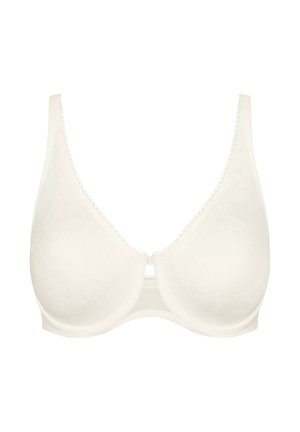 Hvid bh lavet af et glat, let materiale. Har en blonderstruktur, bølgede kanter og et midt-cutout for ekstra designdetalje.