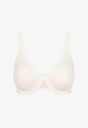 Hvid bh lavet af et glat, let materiale. Har en blonderstruktur, bølgede kanter og et midt-cutout for ekstra designdetalje.