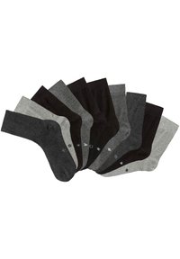 Zehn Paar Kniestrümpfe in verschiedenen Grautönen und Schwarz, aus einem weichen Material gefertigt, mit einfachen Mustern auf den Zehen.