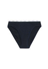 Marineblaue Baumwollbikiniunterhosen mit einem weißen elastischen Bund, auf dem das Wort "BODY" wiederholt gedruckt ist. Glatte Textur und klassischer Schnitt.