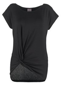 Černý dámský top s krátkým rukávem, kulatým výstřihem a předním uzlem, který vytváří asymetrický lem.