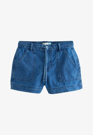 Jeansblaue Shorts mit großen Fronttaschen, Gürtelschlaufen, elastischem Bund und einem Kordelzug vorne.