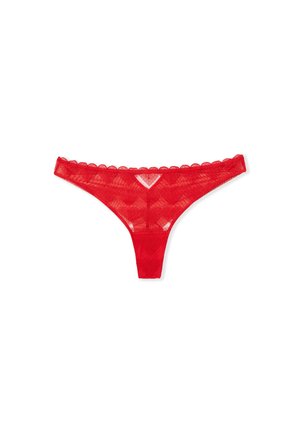 Roter Spitzen-String mit gewellten Kanten, halbtransparentem Material, geometrischem Muster und schmalem Bund.