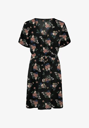 Květinové zavinovací šaty s výstřihem do V, krátkými rukávy a černým pozadím. Obsahují růžové, modré a bílé květy, zúžený pas se zavazováním.