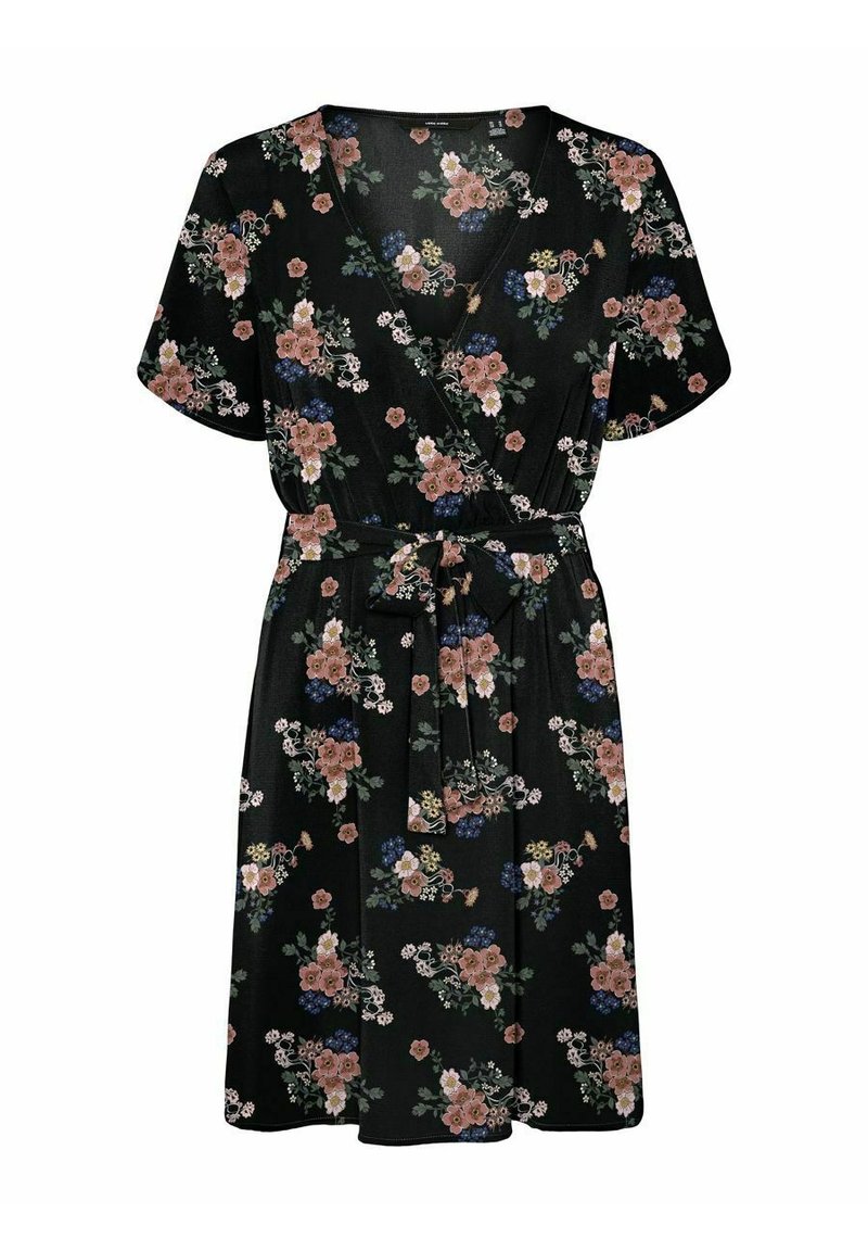 Robe portefeuille fleurie avec un décolleté en V, des manches courtes et un fond noir. Elle présente des fleurs roses, bleues et blanches, une taille cintrée avec un lien.
