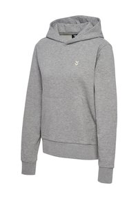 Felpa grigia realizzata in morbido misto cotone, con una tasca a marsupio, polsini a costine e un piccolo logo sul petto. Design semplice e casual.