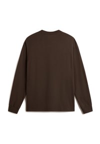 Yksivärinen tummanruskea pitkähiha shirt, pyöreä kaula-aukko, asetettu litteäksi näyttäen takapuolen, jossa on ribbareita hihojen liepeissä.