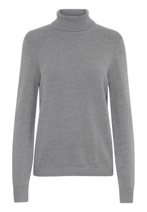 Grau gestrickter Rollkragenpullover aus weichem Material. Mit langen Ärmeln, geripptem Kragen und Bündchen sowie einer glatten Textur im gesamten Pullover.