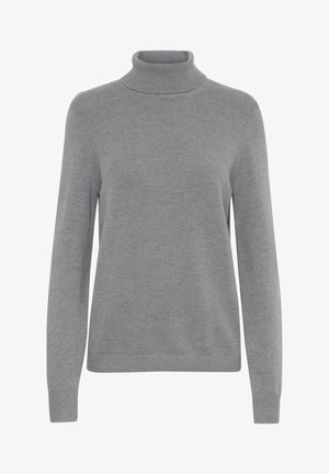 Pull en gris à col roulé en maille douce. Doté de manches longues, d'un col et de poignets côtelés, avec une texture lisse sur toute sa surface.